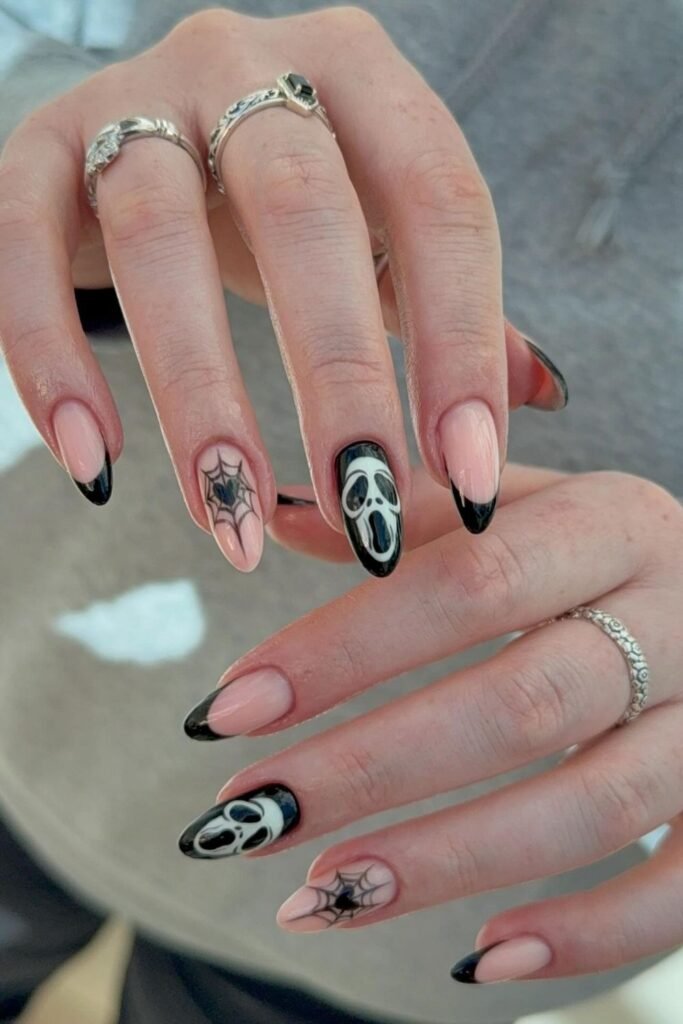 Black French Halloween Nails With Ghost Face Art