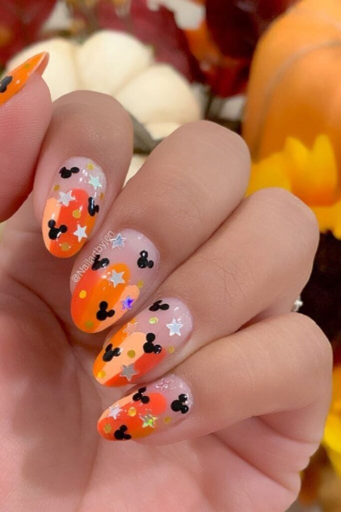 Orange Starry Mickey Halloween Nails