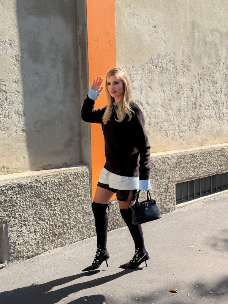 Black Knit Over White Shorts With Knee-High Socks