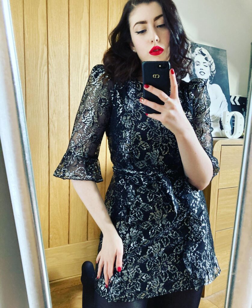 Black Lace Mini Dress With Sheer Bell Sleeves