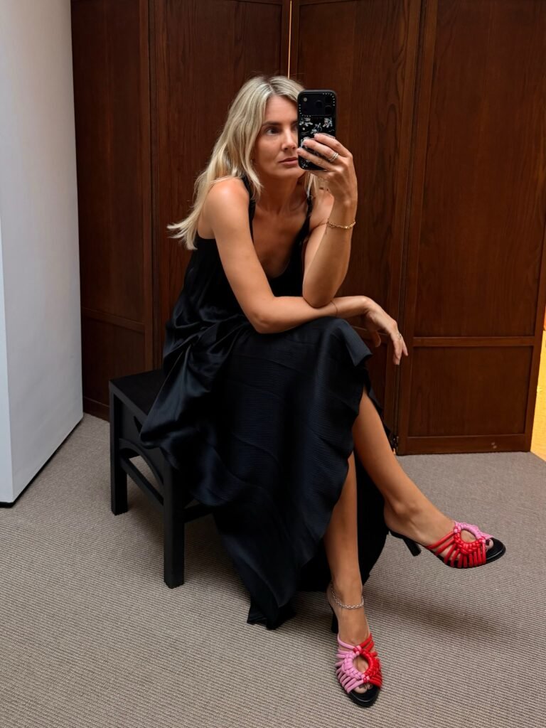 Black Maxi Dress With Bright Woven Heels