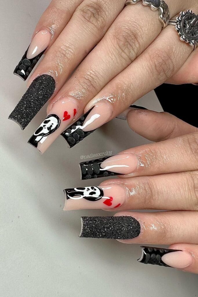 Black Scream Nails With Red Heart Accents