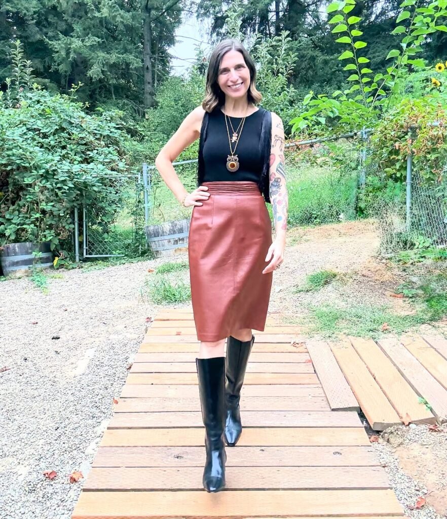 Black Top With a Brown Leather Midi Skirt