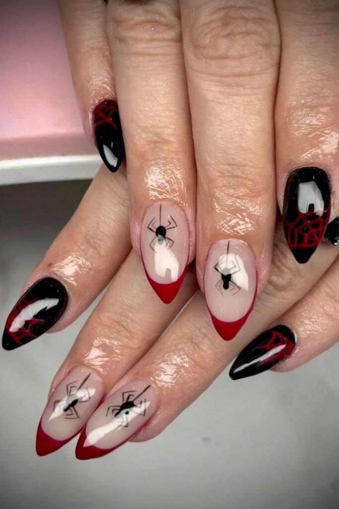 Black Spider Nails With Deep Red French Tips