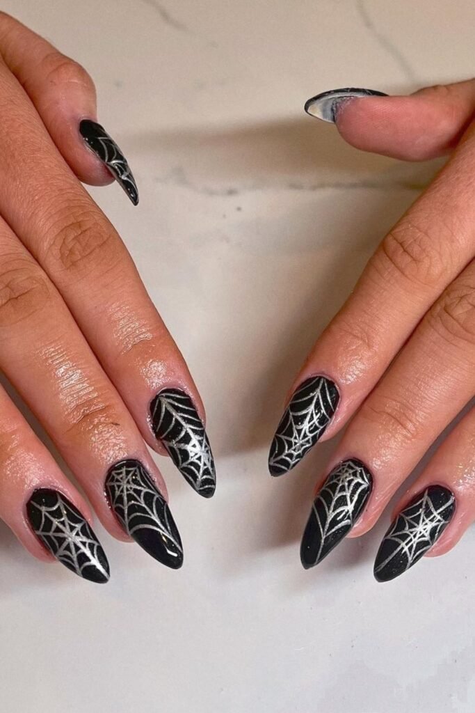 Black Spiderweb Nails With Silver Linework