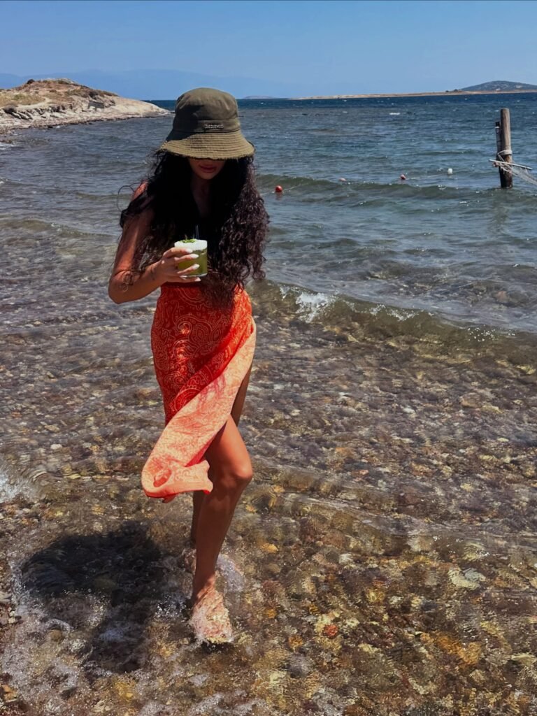 Black Top With an Orange Paisley Beach Sarong