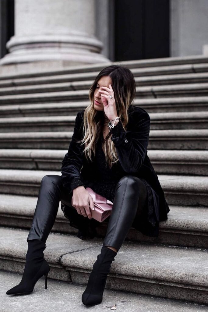 Black Velvet, Leather-Look Trousers, and a Pink Clutch