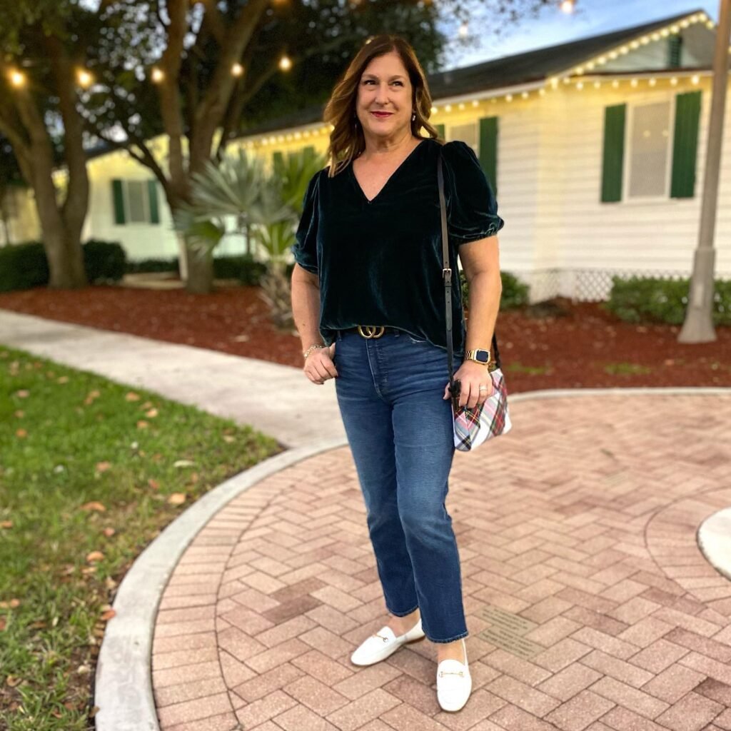 Black Velvet Top With Jeans and White Loafers