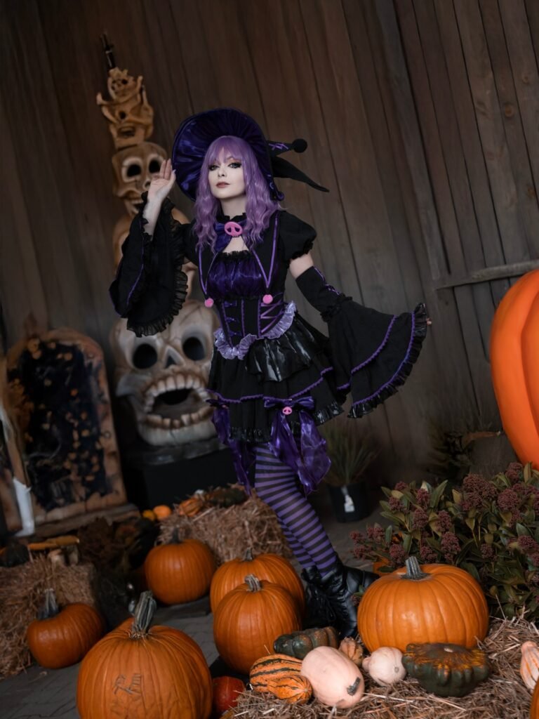 Black and Purple Gothic Witch Costume With Striped Tights