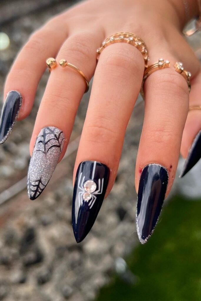 Black and Silver Spider Nails With Rhinestone Accents