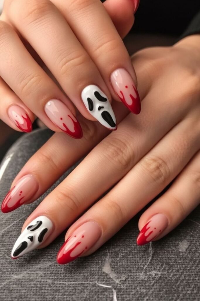 Blood Drip French Tips With Scream Accent Nails