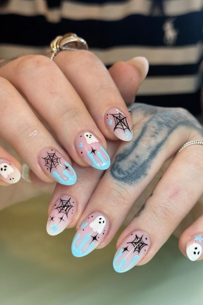 Blue Drip Ghost Halloween Nails