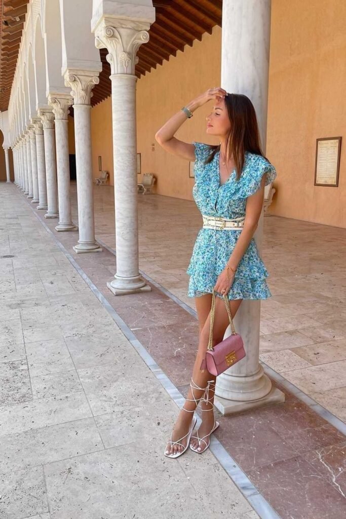 Blue Floral Ruffle Mini Dress With a Belt
