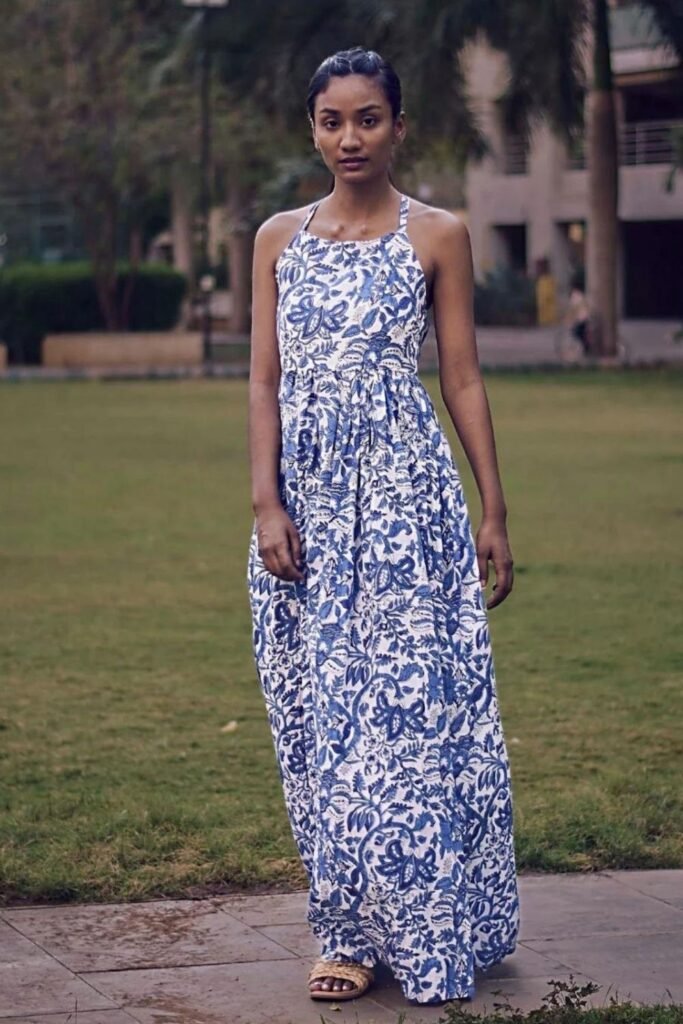 Blue and White Floral Maxi for a Warm-Weather Christmas