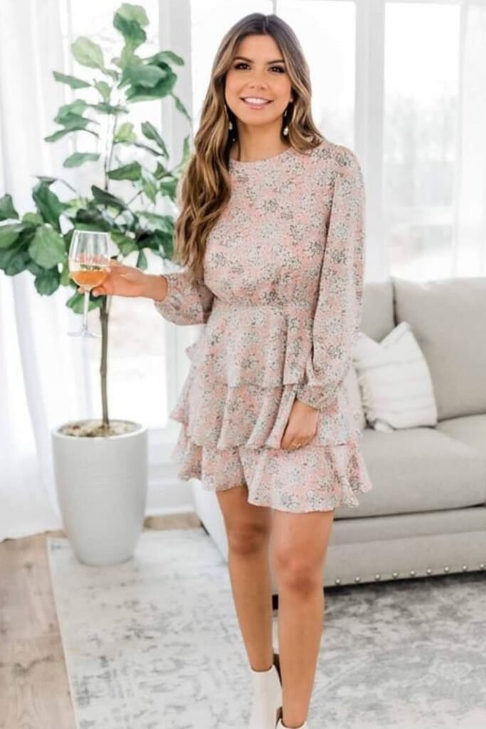 Blush Floral Mini Dress With Tiered Ruffles