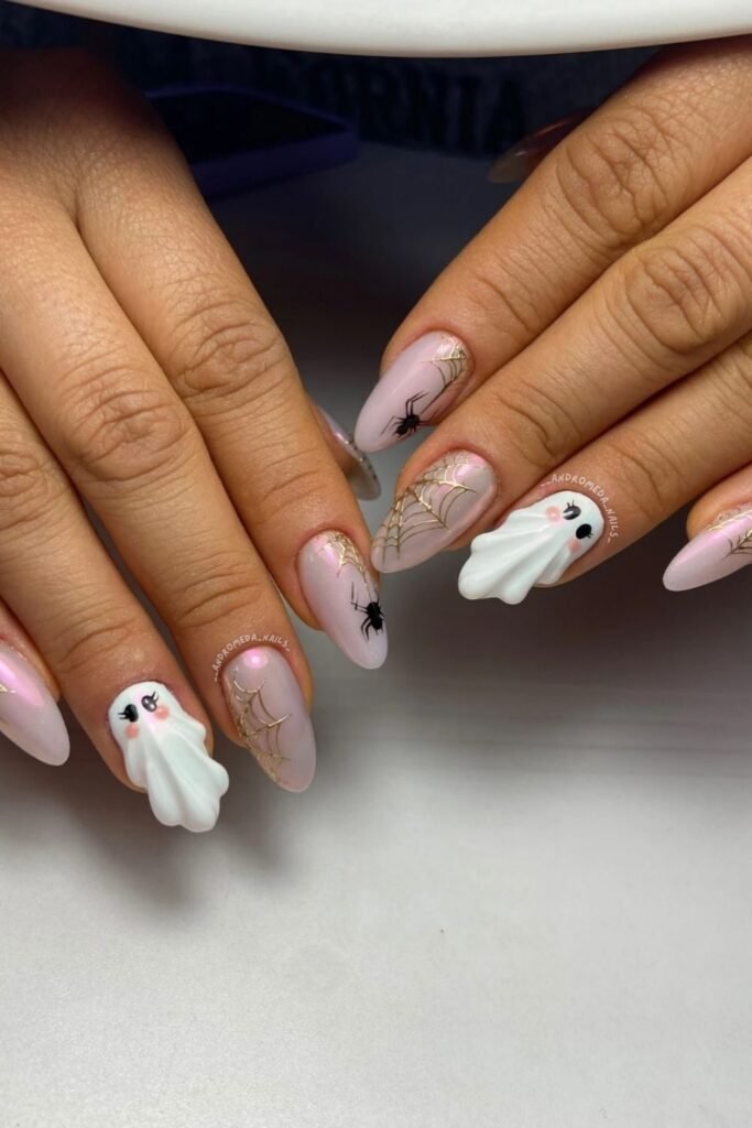 Blush Halloween Cute Nails With 3D Ghosts