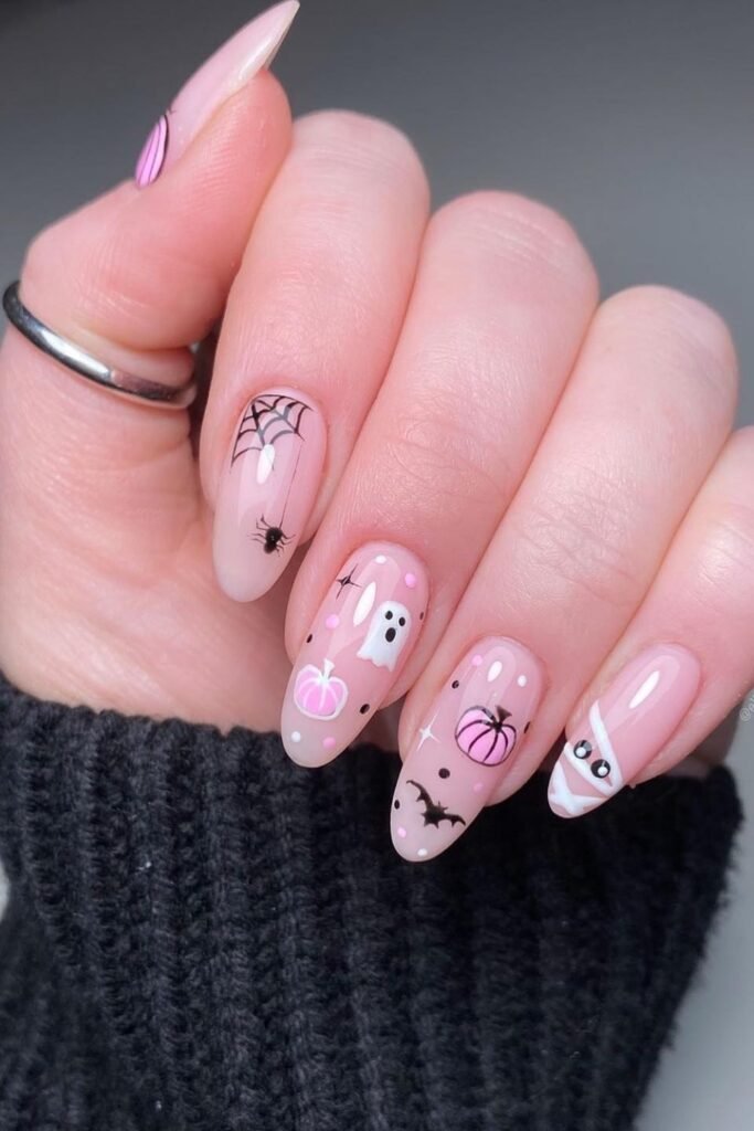 Blush Pink Halloween Character Nails