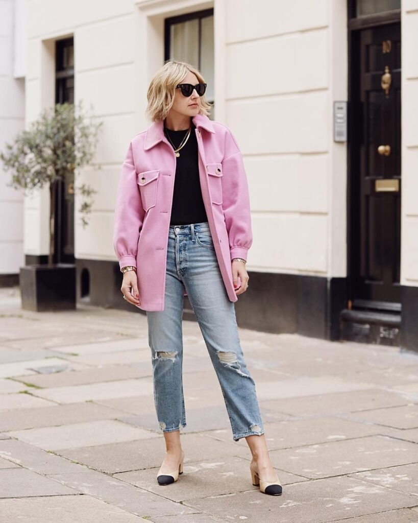 Blush Shacket Over a Black Top and Straight Jeans