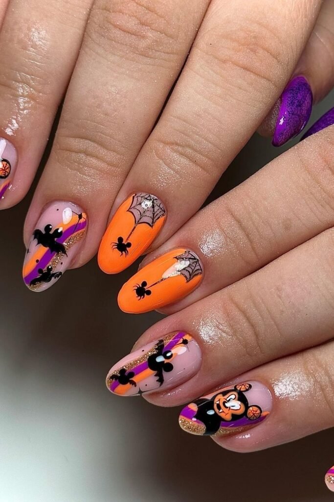 Bold Purple and Orange Mickey Halloween Nails