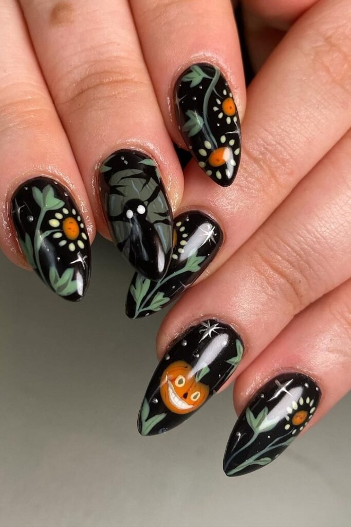 Botanical Black Halloween Nails With Pumpkins and Spider Art