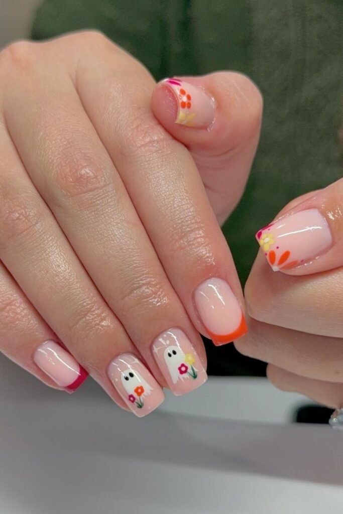 Bright French Tip Ghost Halloween Nails