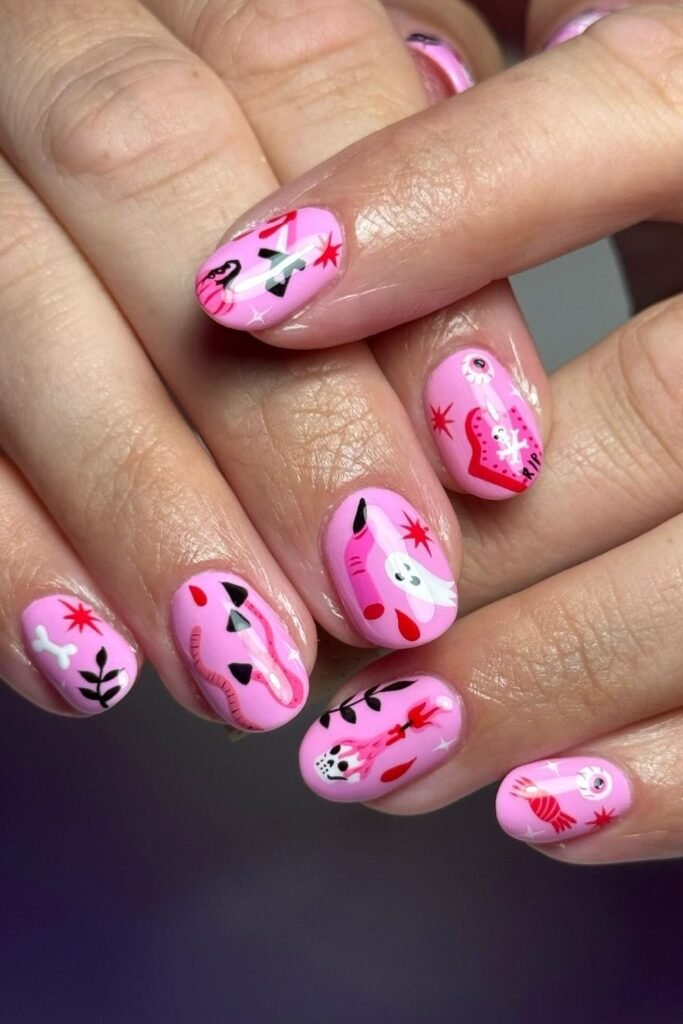 Bright Pink Creepy-Cute Halloween Nail Art