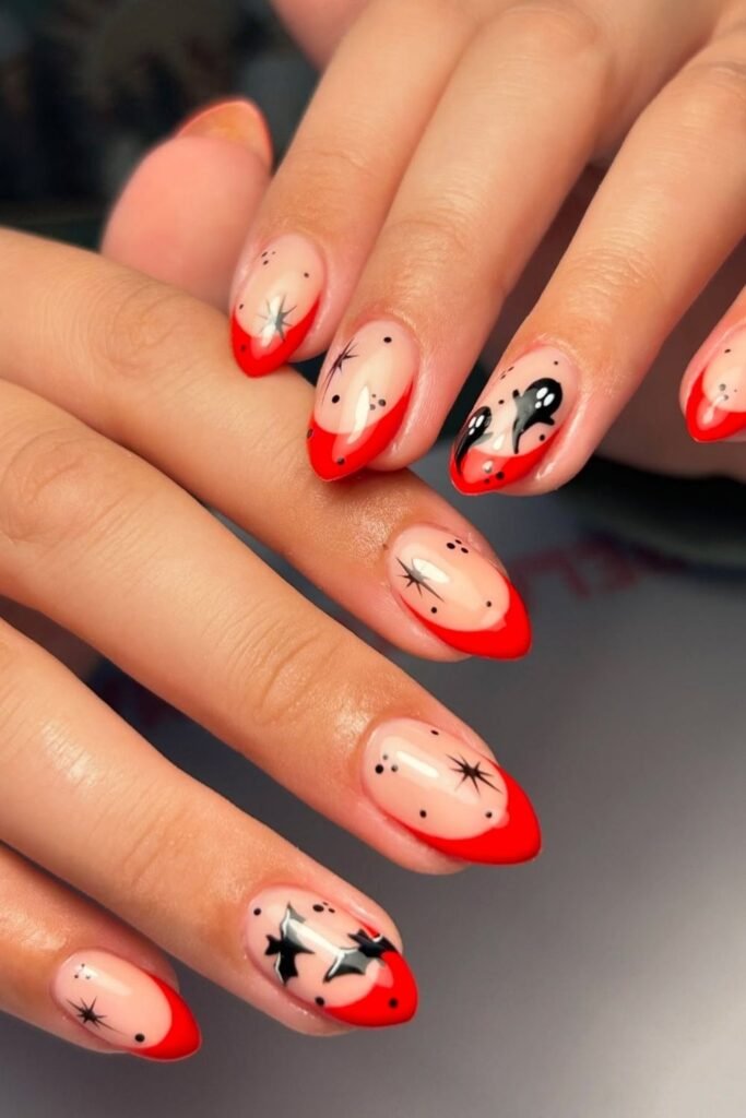 Bright Red French Tips With Tiny Halloween Accents
