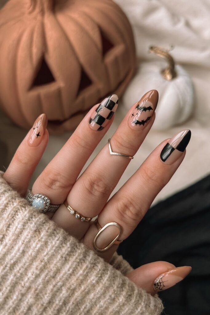 Brown Halloween Almond Nails With Bats and Checkerboard