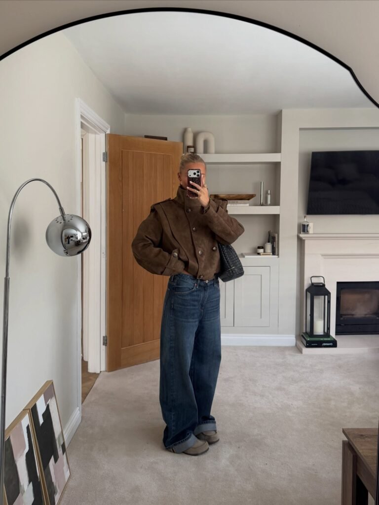 Brown Suede Jacket With Wide-Leg Jeans