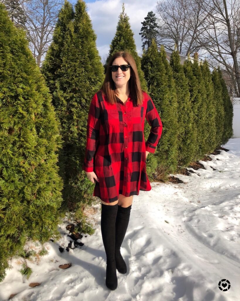 Buffalo Plaid Shirt Dress With Over the Knee Boots