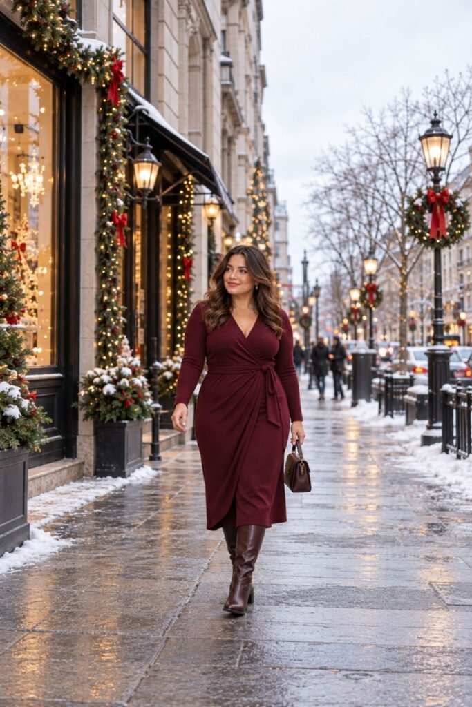 Burgundy Faux Wrap Midi With Block Heel Boots