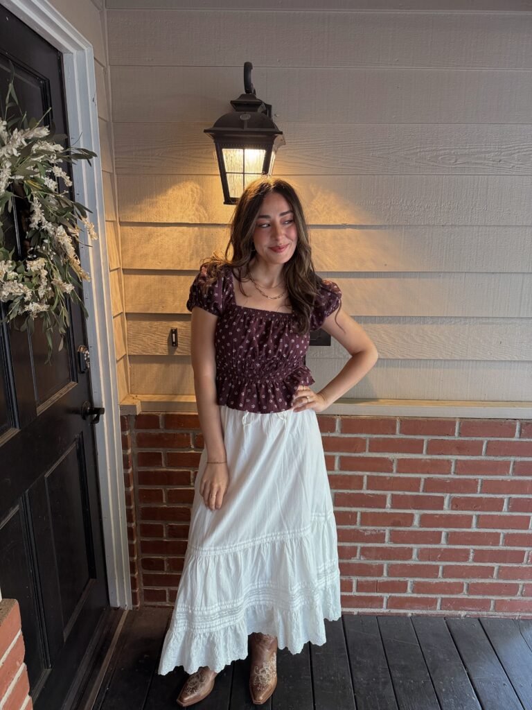 Burgundy Floral Top With a White Tiered Skirt