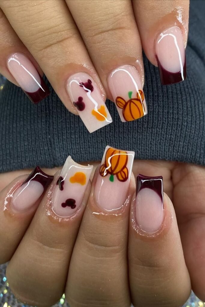 Burgundy French Disney Pumpkin Nails