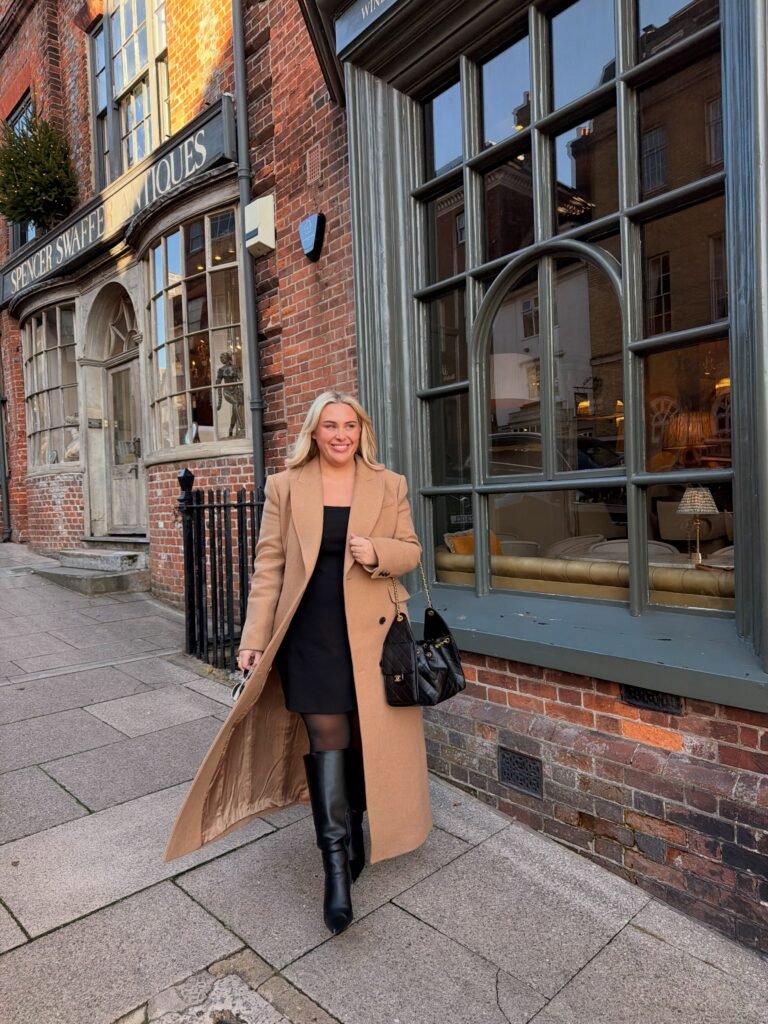 Camel Coat Over a Black Mini Dress