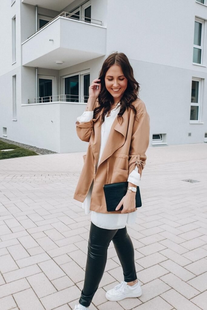 Camel Jacket Over a Long White Shirt and Leggings