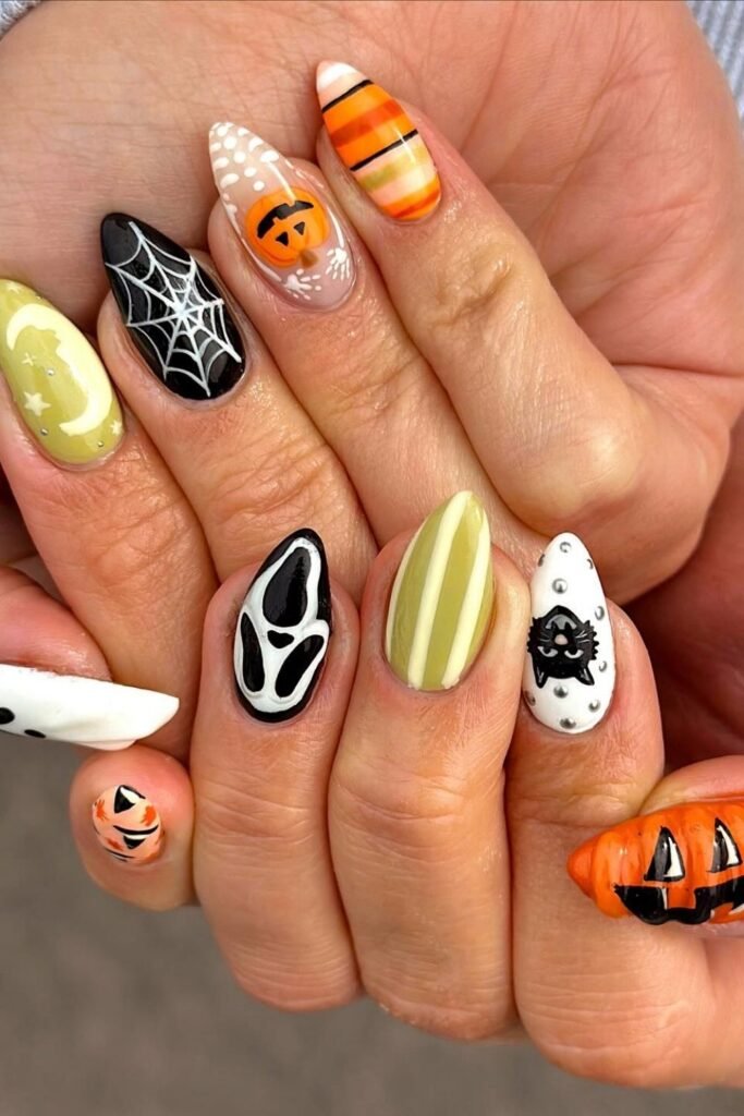 Candy Corn, Scream Faces and Spiderweb Mix-and-Match Nails