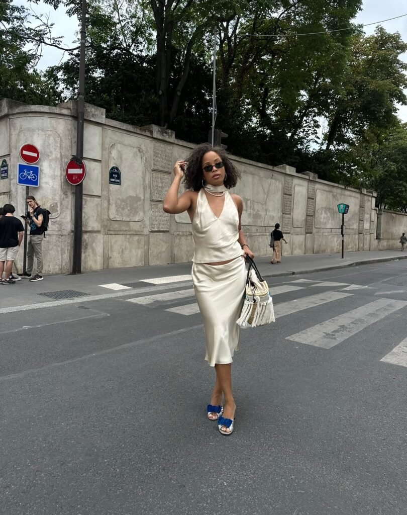 Champagne Satin Two Piece for a Chic Birthday Dinner