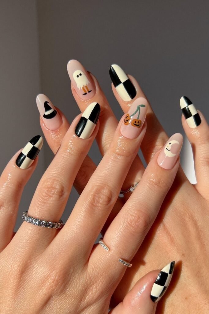 Checkerboard Halloween Almond Nails With Cute Icon Accents