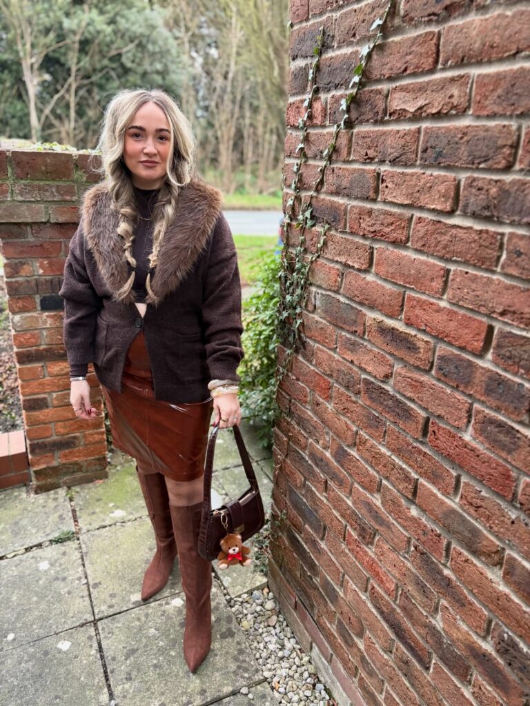 Chocolate Faux Fur Cardigan With a Glossy Midi Skirt