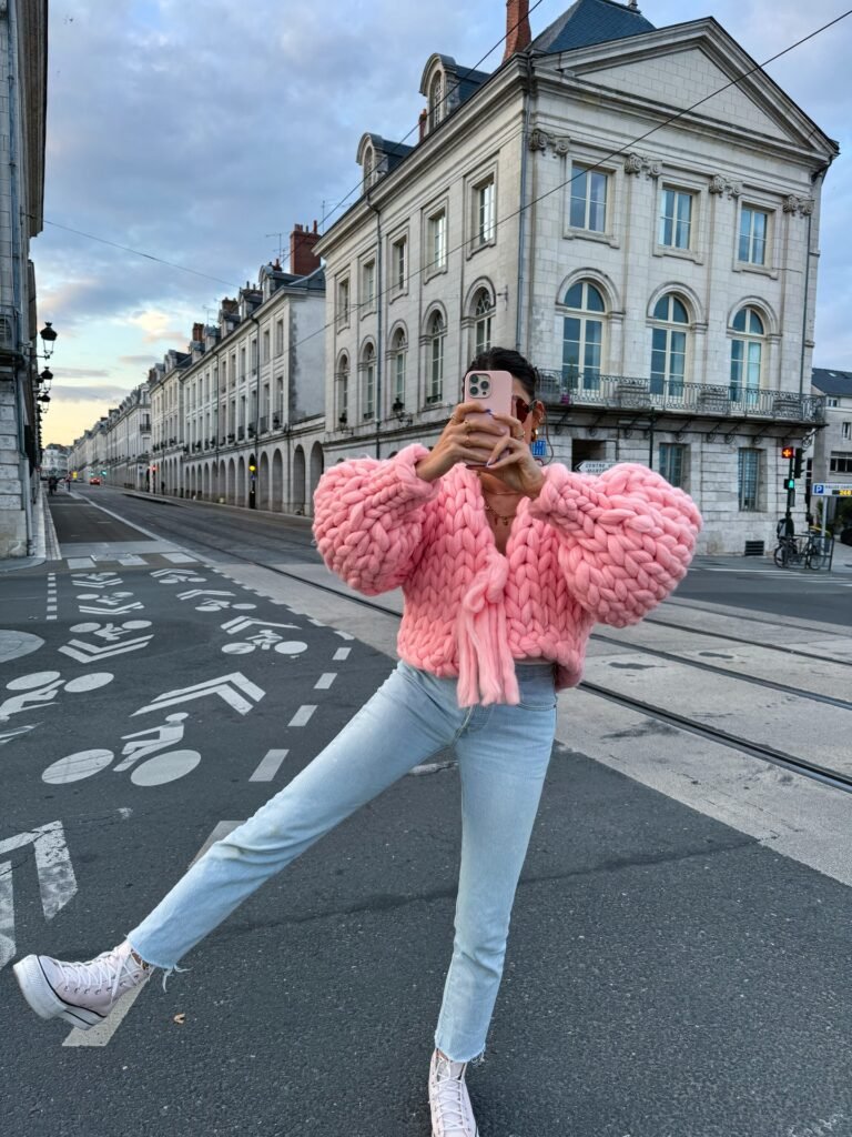Chunky Pink Knit With Light-Wash Jeans
