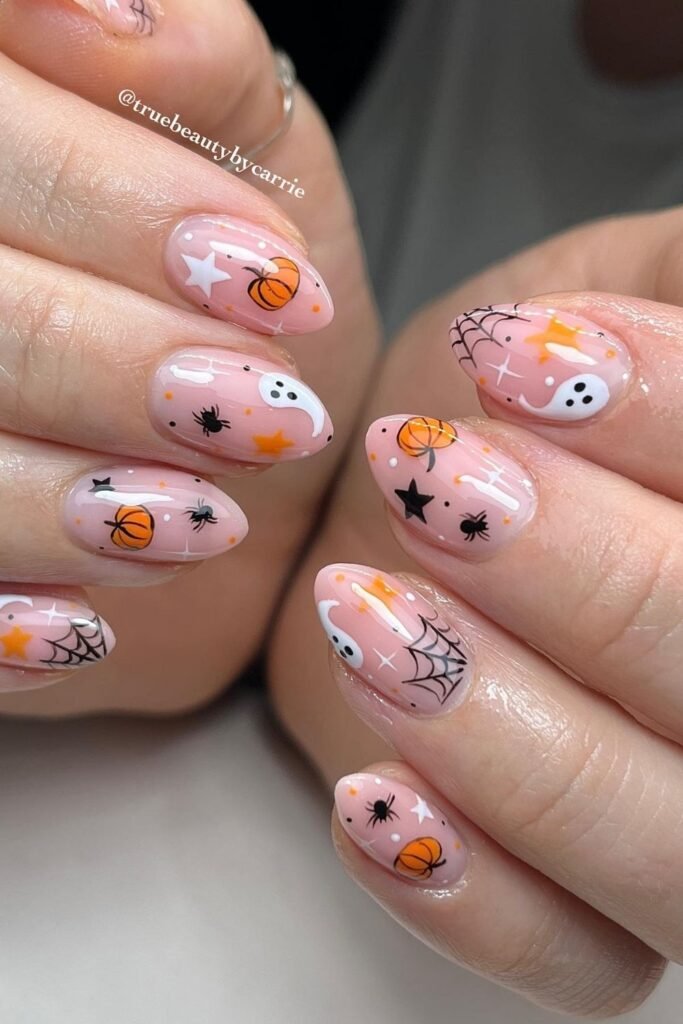 Classic Pumpkin and Ghost Halloween Short Nails