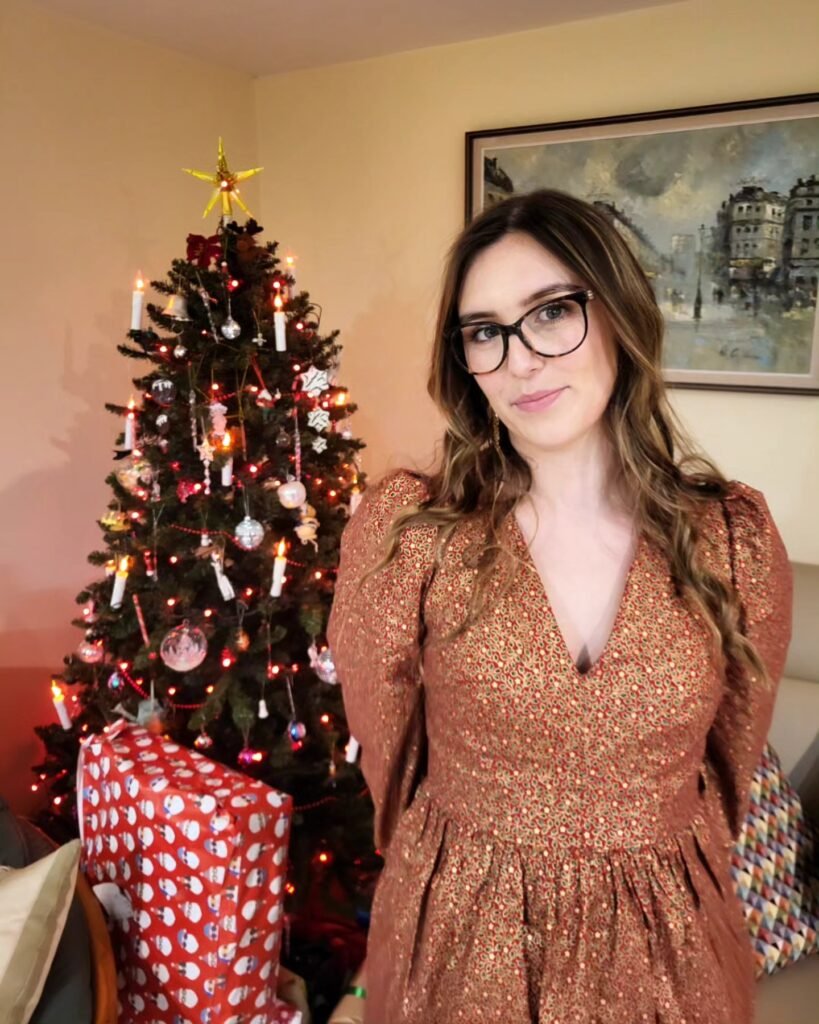 Copper Printed Midi Dress With Soft Puff Sleeves