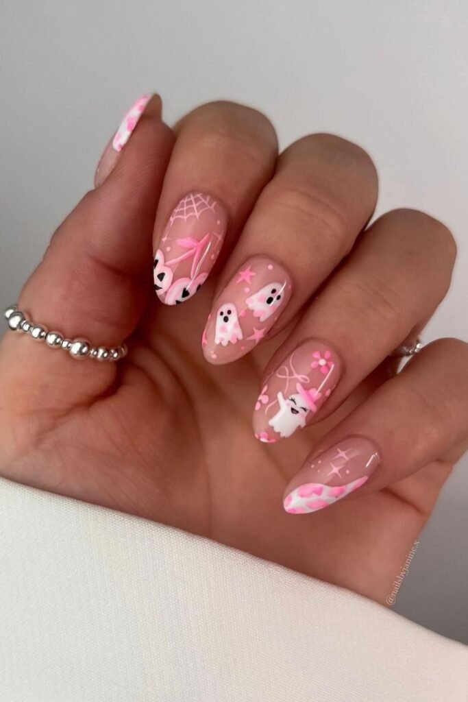 Coquette Pink Ghost Nails With Bows and Webs