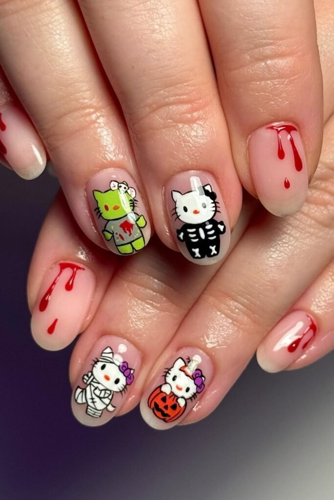 Costume Party Hello Kitty Halloween Nails With Blood Drips