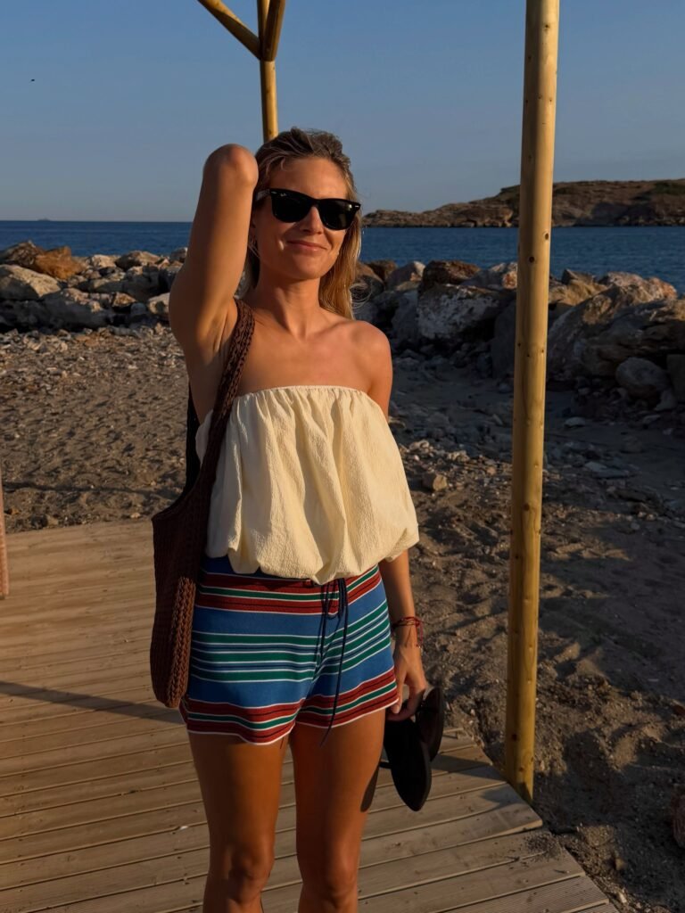 Cream Bandeau Top With Striped Beach Shorts
