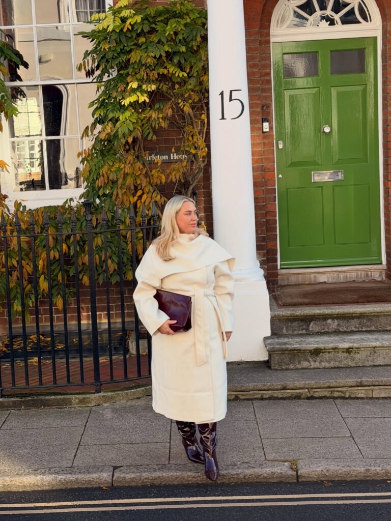 Cream Belted Coat With Burgundy Accessories