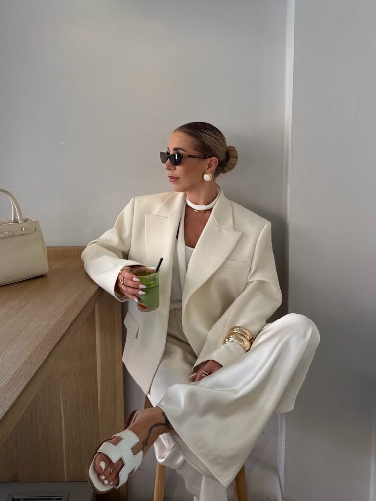 Cream Blazer and Satin Trousers