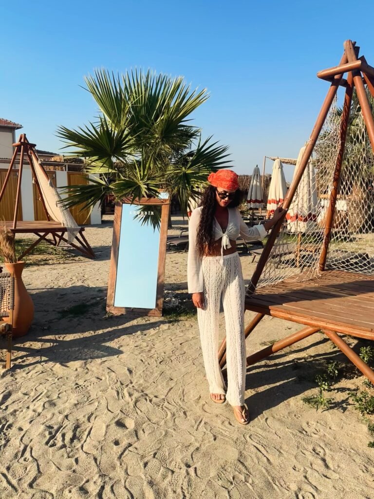 Cream Crochet Co Ord With an Orange Headscarf