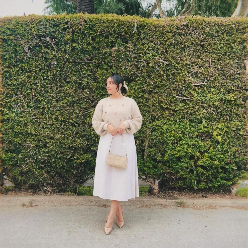 Cream Embroidered Sweater With a Soft Midi Skirt