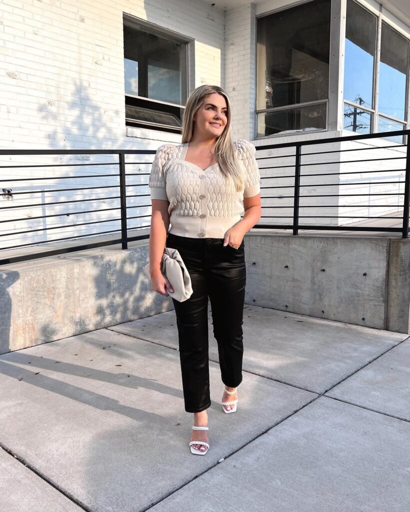 Cream Knit Cardigan Top With Slim Black Trousers